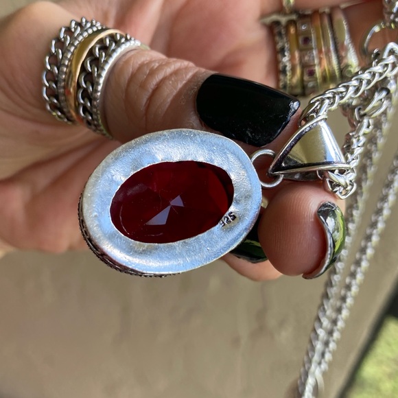 925 sterling silver overlay charm red garnet cz stone stainless steel necklace - Picture 13 of 16